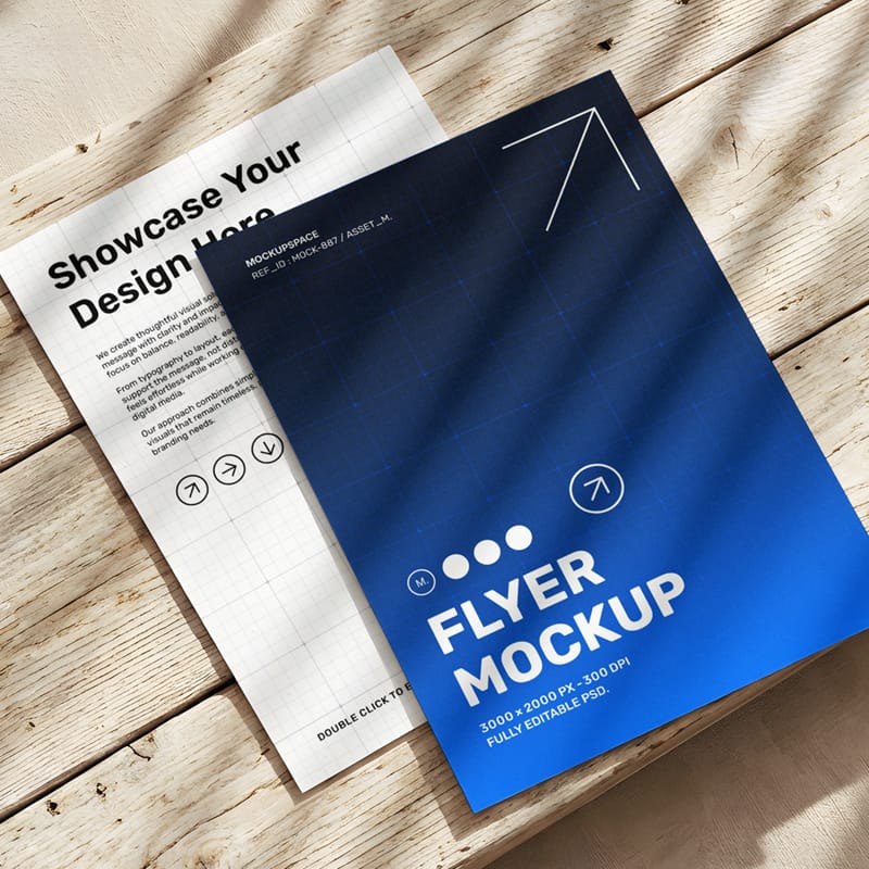 Realistic Flyer Mockup on Wooden Surface PSD