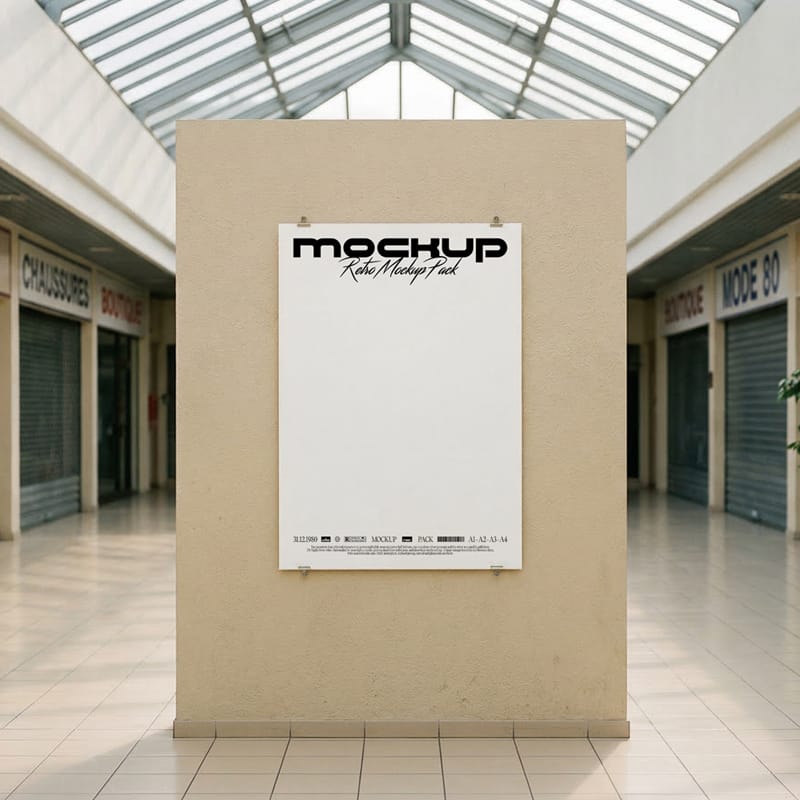 Retro Poster Mockup in Vintage Shopping Mall PSD
