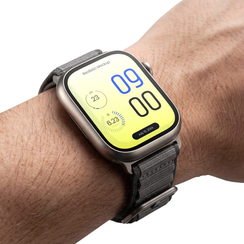 Smart Watch Screen Mockup worn on Hand PSD