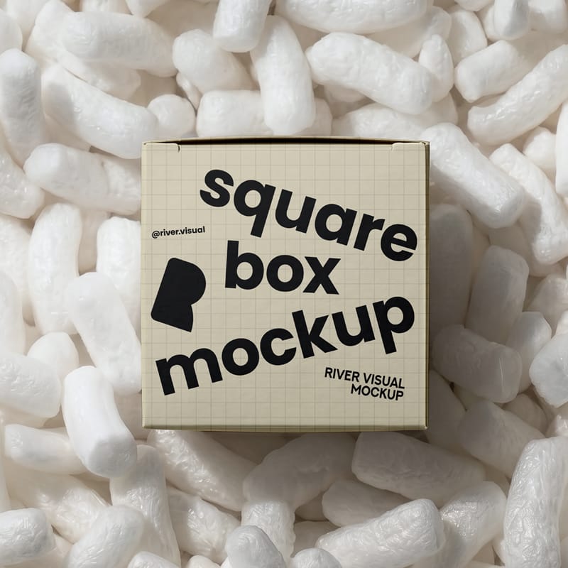 Square Packaging Box Mockup in Packing Peanuts PSD