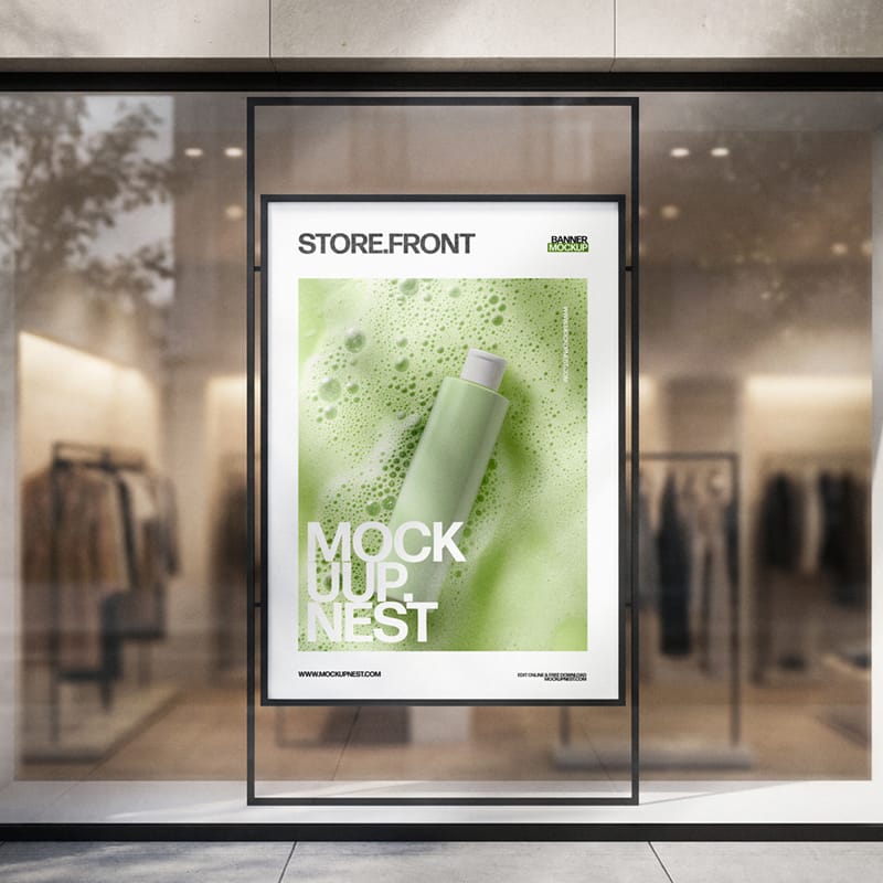 Storefront Window Poster Mockup Realistic Retail Display PSD